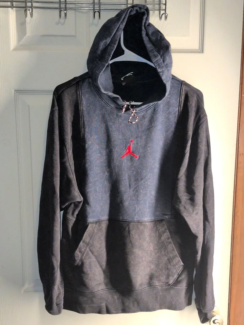 Jordan Men's Black and Dark Gray Pullover Hoodie with Red Jumpman